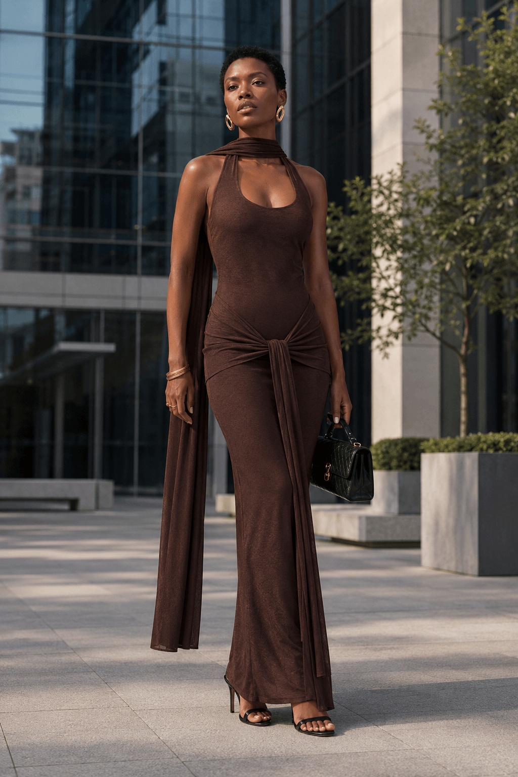 Silver Ribbon Backless Waist Cinch Maxi Bodycon Dress