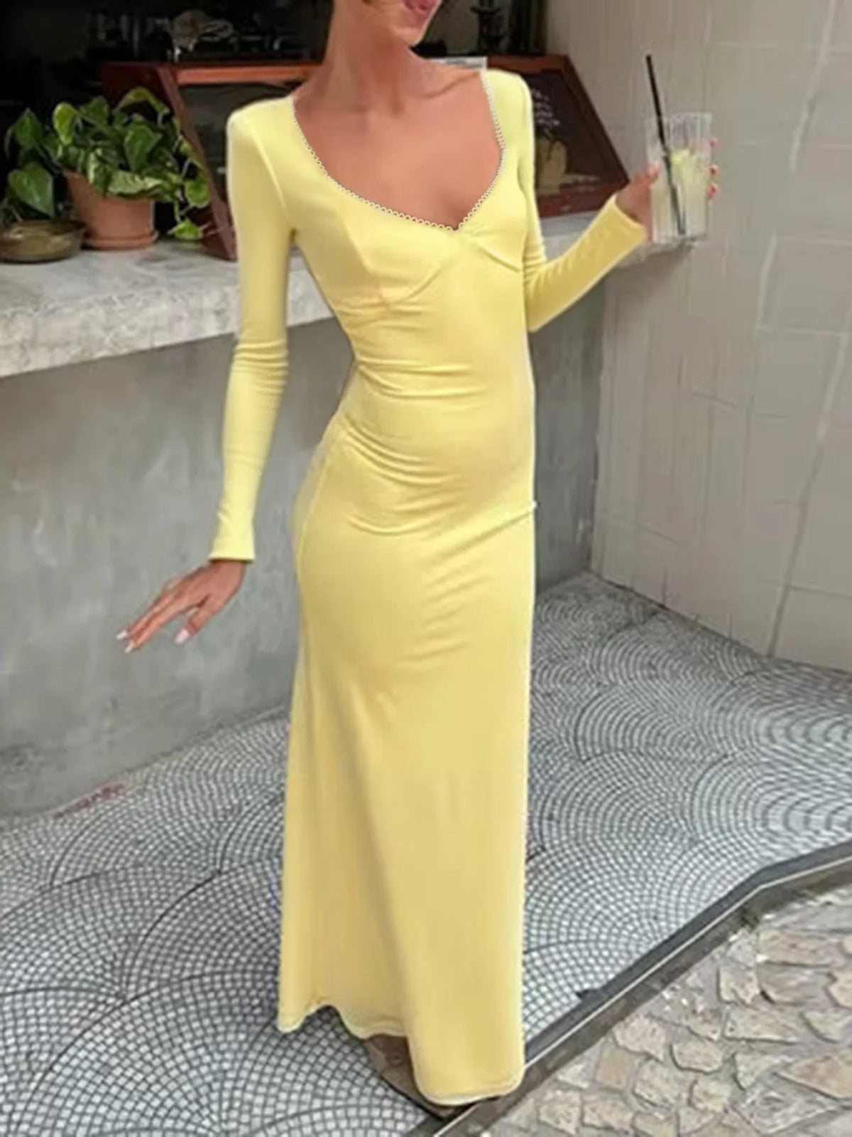 Deep V-Neck Long Sleeve Lettuce Trim Bodycon Maxi Dress 5