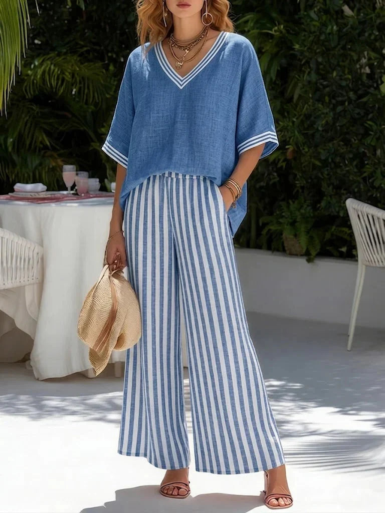 V-Neck Top and Striped Wide Leg Pants Two Piece Set