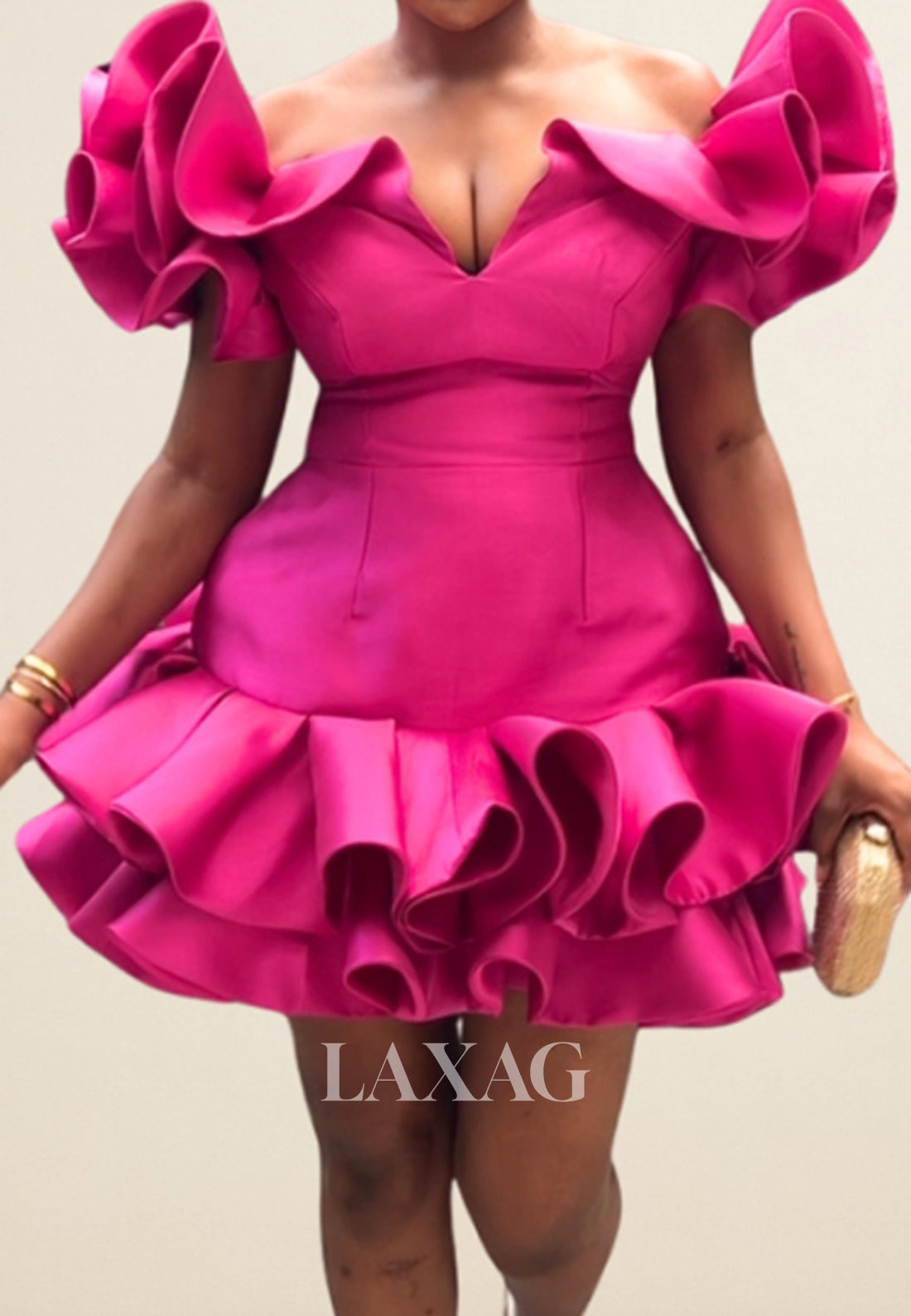 V-Neck Off-Shoulsder Sleeveless Pleated Ruffled Satin A-Line Homecoming Dress