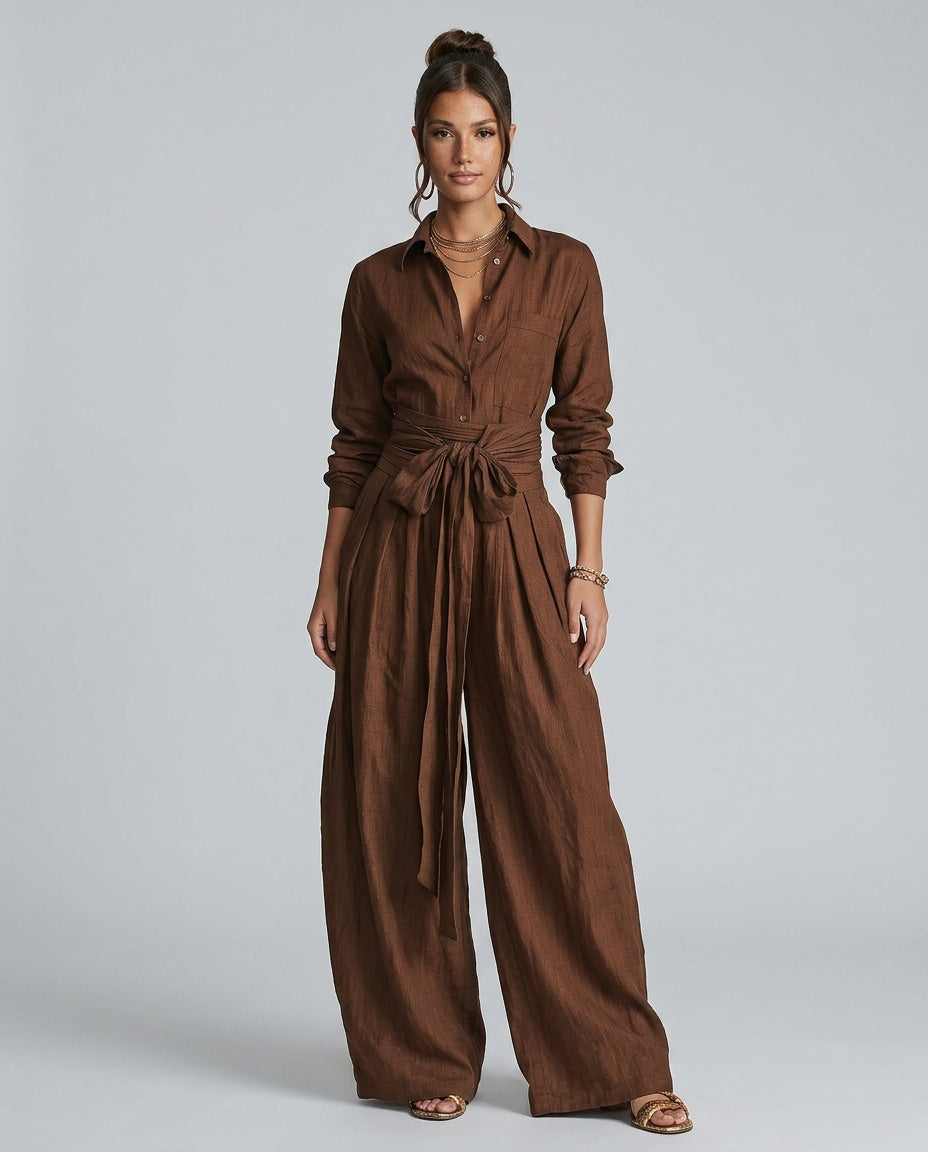 Collared Long Sleeve Belted Wide Leg Jumpsuit