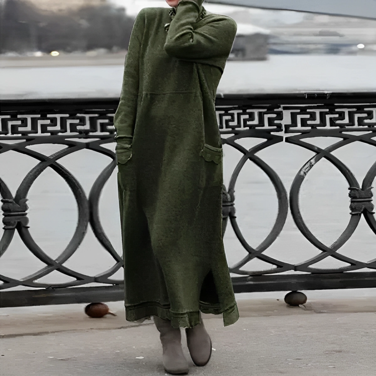 Knit Mock Neck Long Sleeve Scalloped Pocket Distressed Hem Maxi Dress