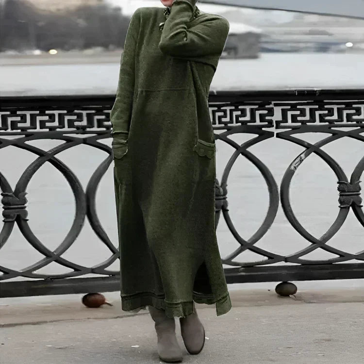 Knit Cowl Neck Long Sleeve Patch Pocket Side Slit Maxi Dress
