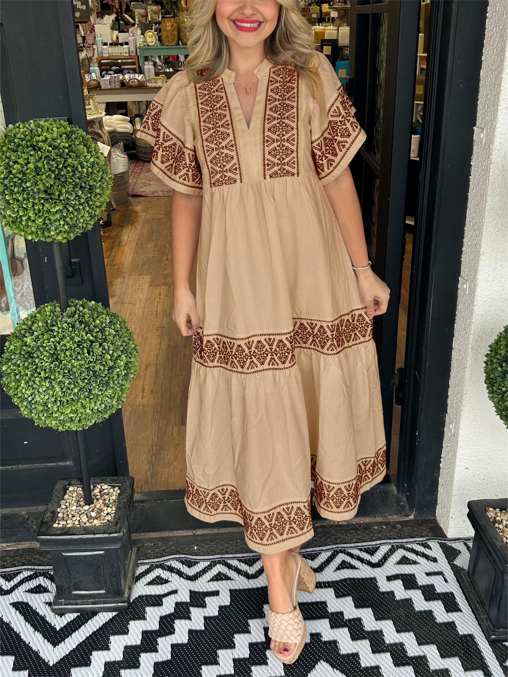 Embroidered V-Neck Flutter Sleeve Empire Waist Tiered Midi Dress