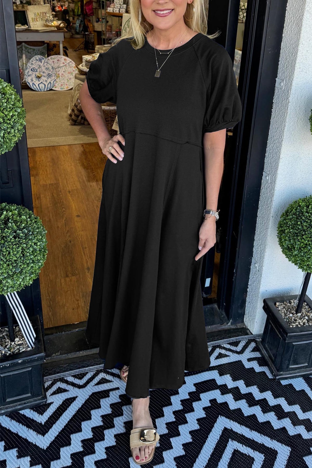 Round Neck Puff Sleeve Fit and Flare Midi Dress