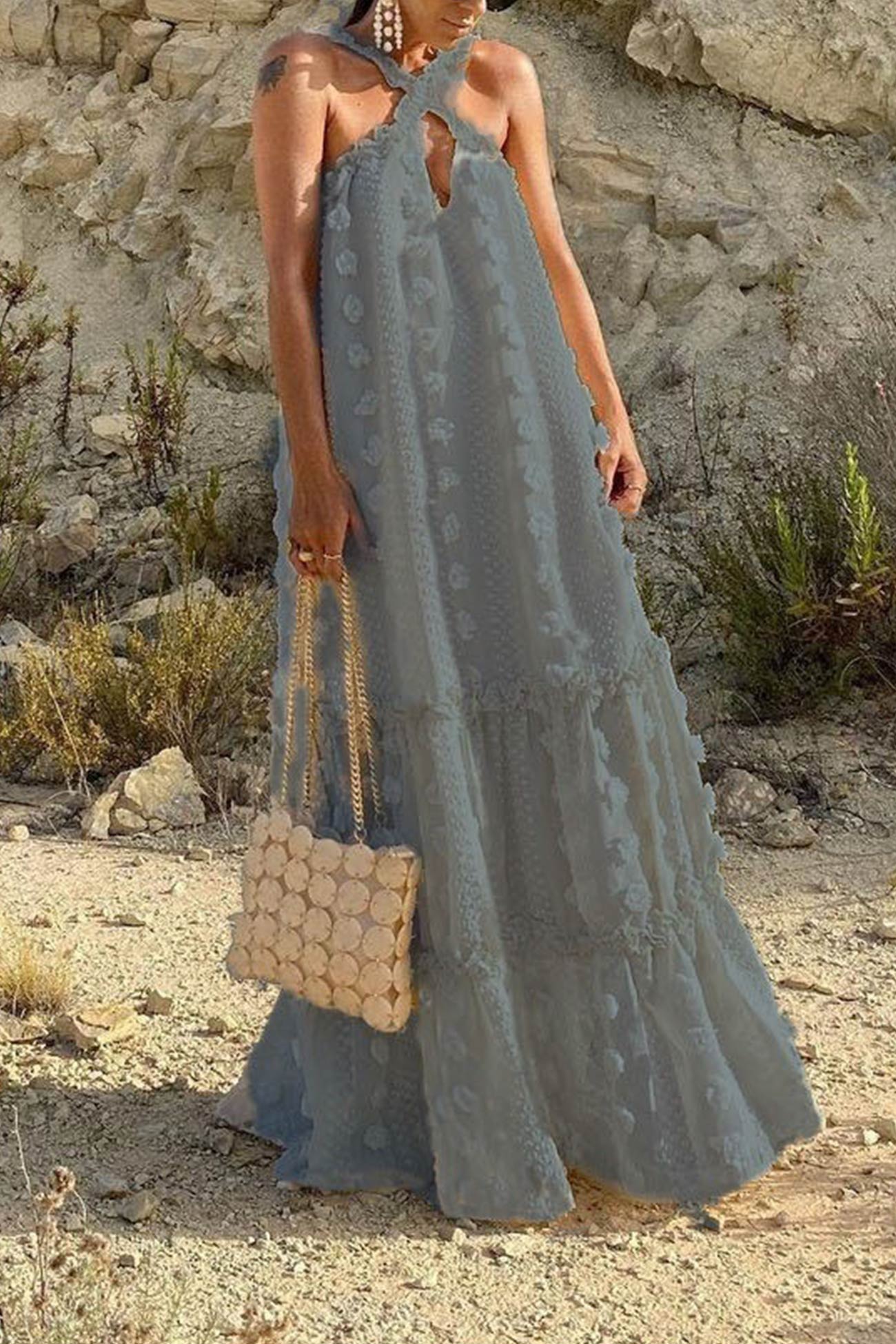 Appliqué Halter Neck Keyhole Tiered Maxi Dress 11