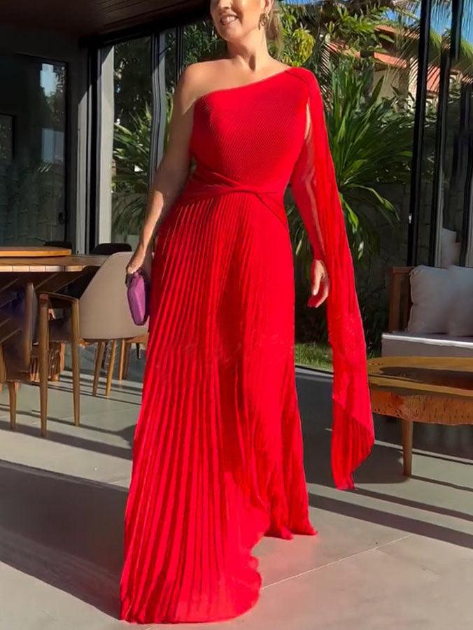 Elegant Flowing Pleated Off-the-Shoulder Maxi Dress Red