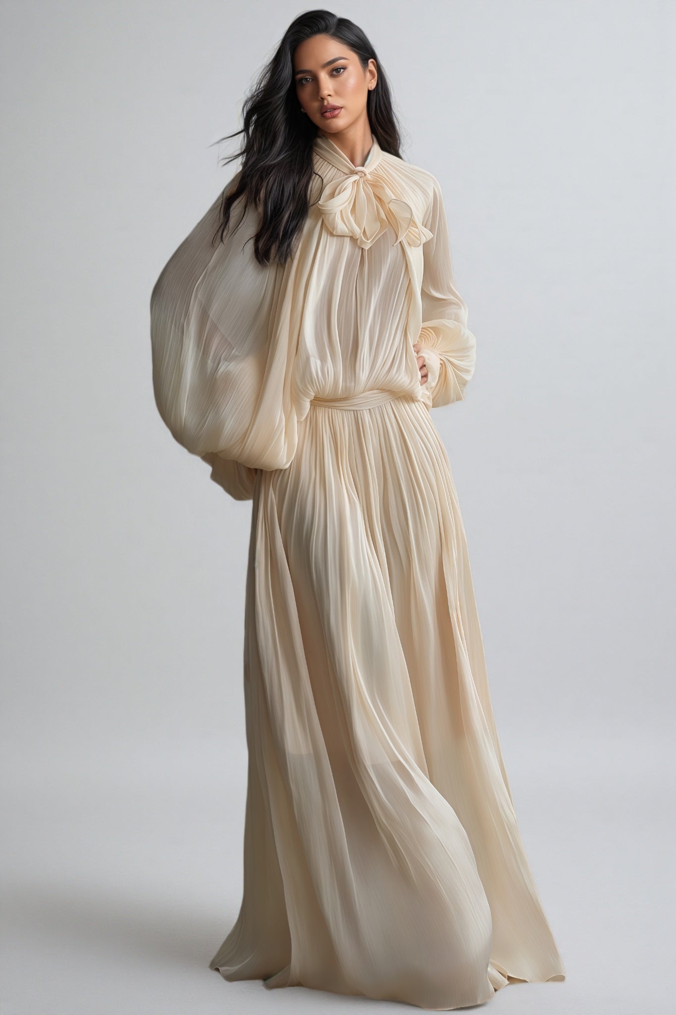 Elizabeth Tie Neck Puff Sleeve Maxi Dress