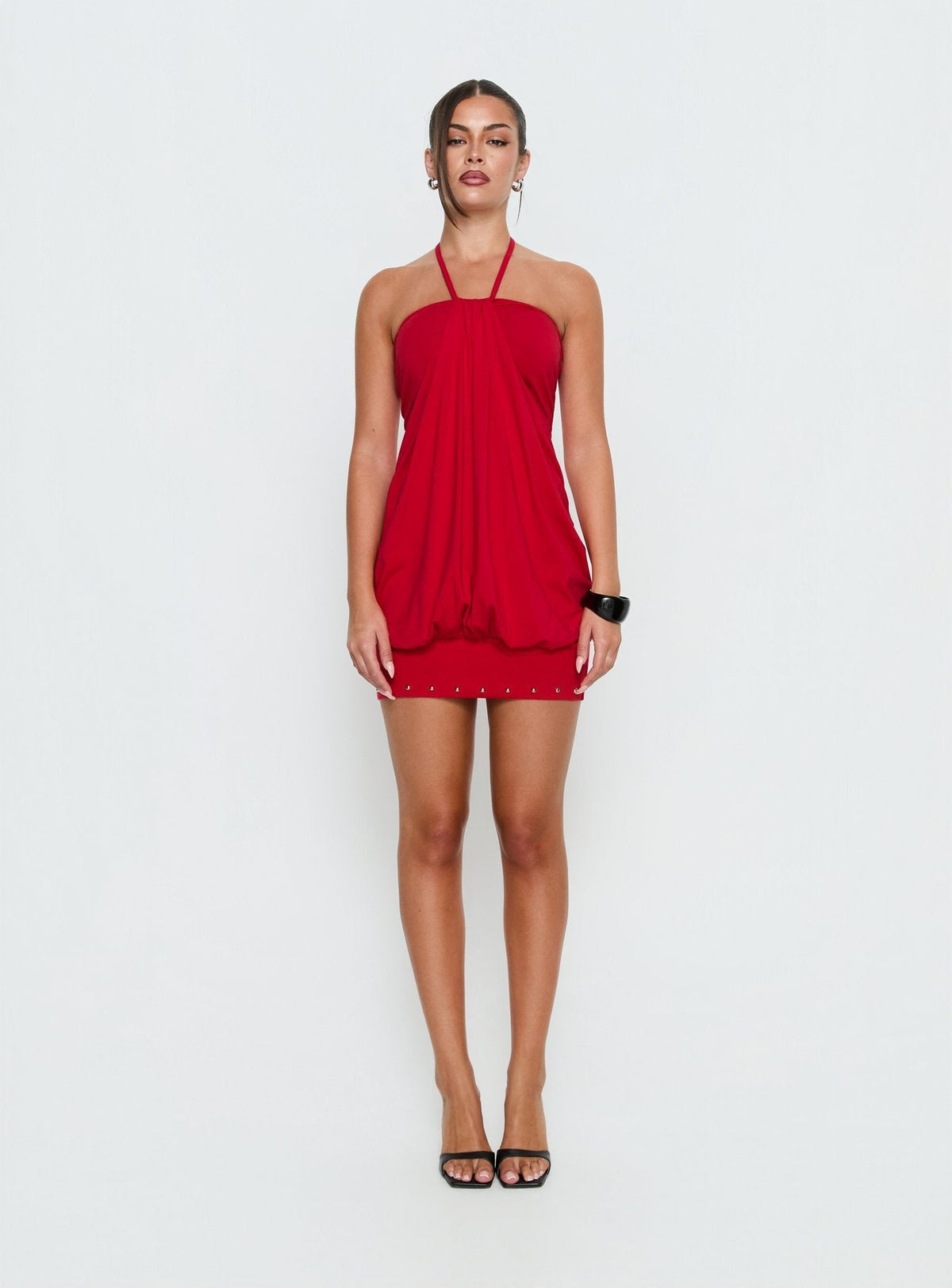 Gathered Halter Neck Draped Studded Hem Mini Dress 8