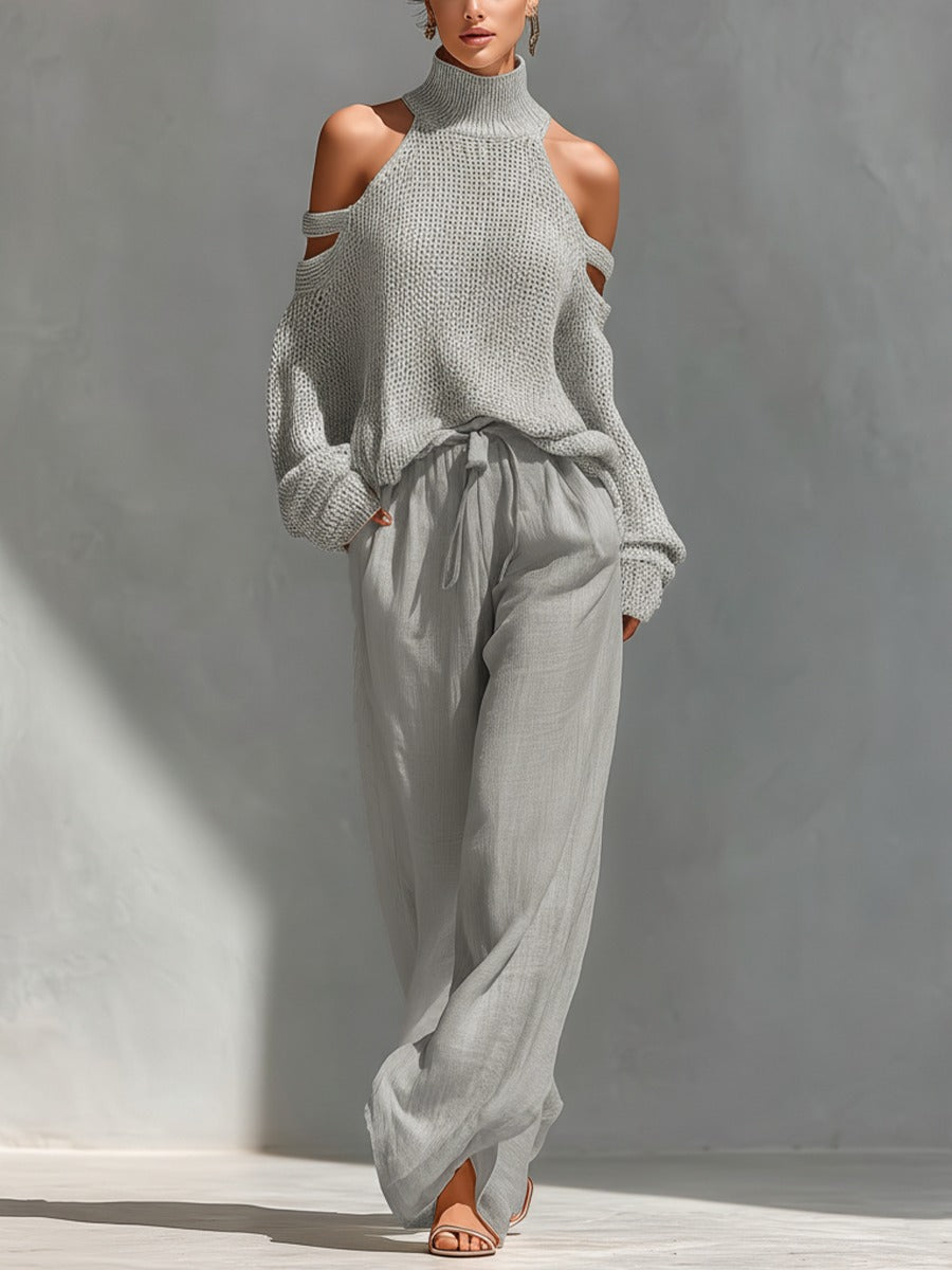 Cold Shoulder Turtleneck Knit Sweater and Wide Leg Pants Two Piece Set