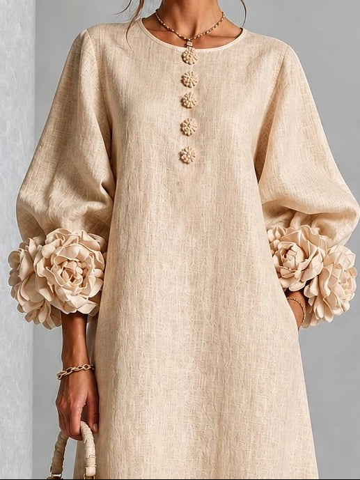 Round Neck 3D Floral Cuff Button Front Midi Dress