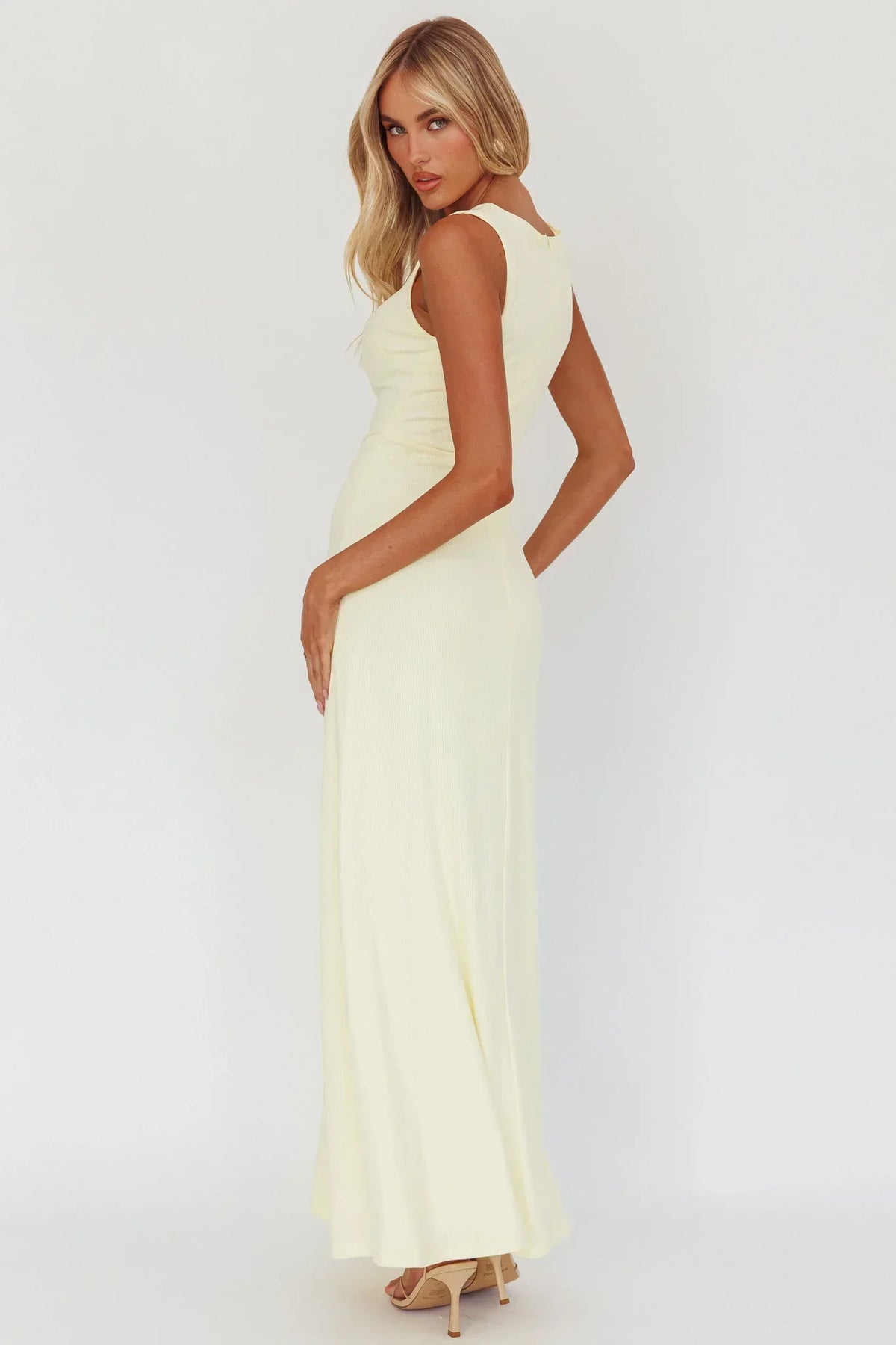 Sleeveless Boat Neck Ruched Waist Hardware Detail Maxi Dress 3