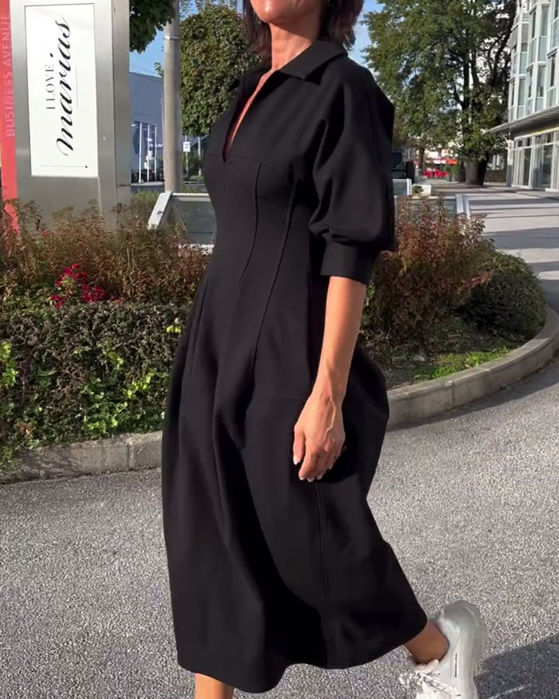 Collared V-Neck Short Sleeve Pocket Cocoon Midi Dress