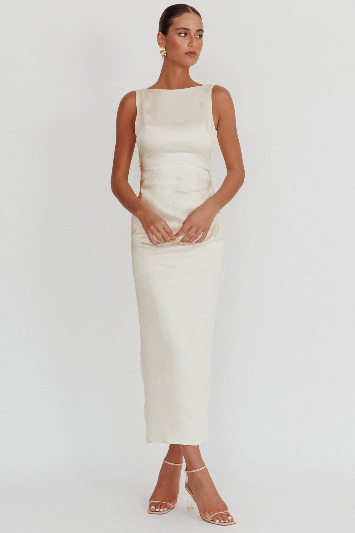 Satin Boat Neck Sleeveless Ruched Waist Column Midi Dress 5