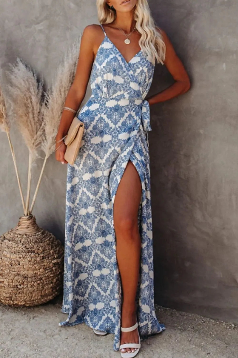 Printed Tied Maxi Cami Dress Sky Blue