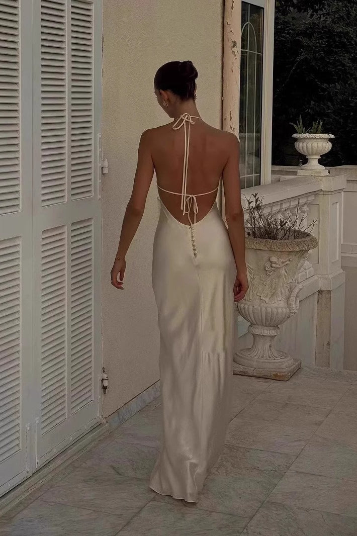 Satin Halter Neck Backless Bias Cut Slip Maxi Dress