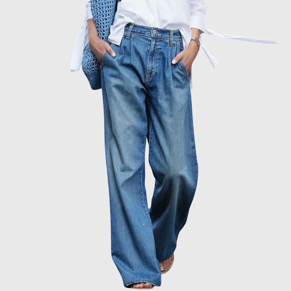 Pleated Front High Waist Wide Leg Jeans