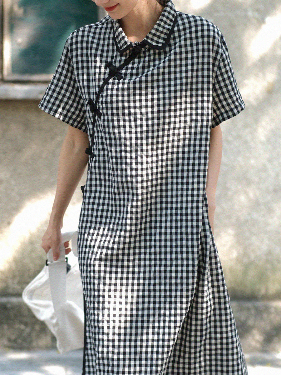 Gingham Check Mandarin Collar Frog Button Short Sleeve Side Slit Maxi Dress