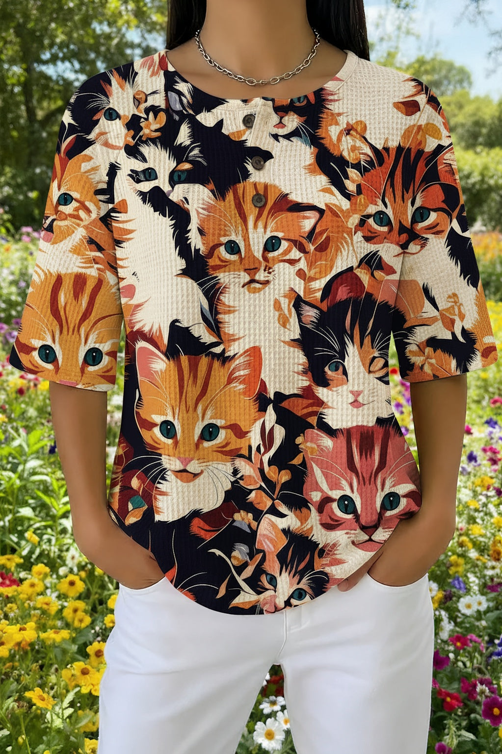 Womens Orange Abstract Multi-Cat Print Casual Shirt
