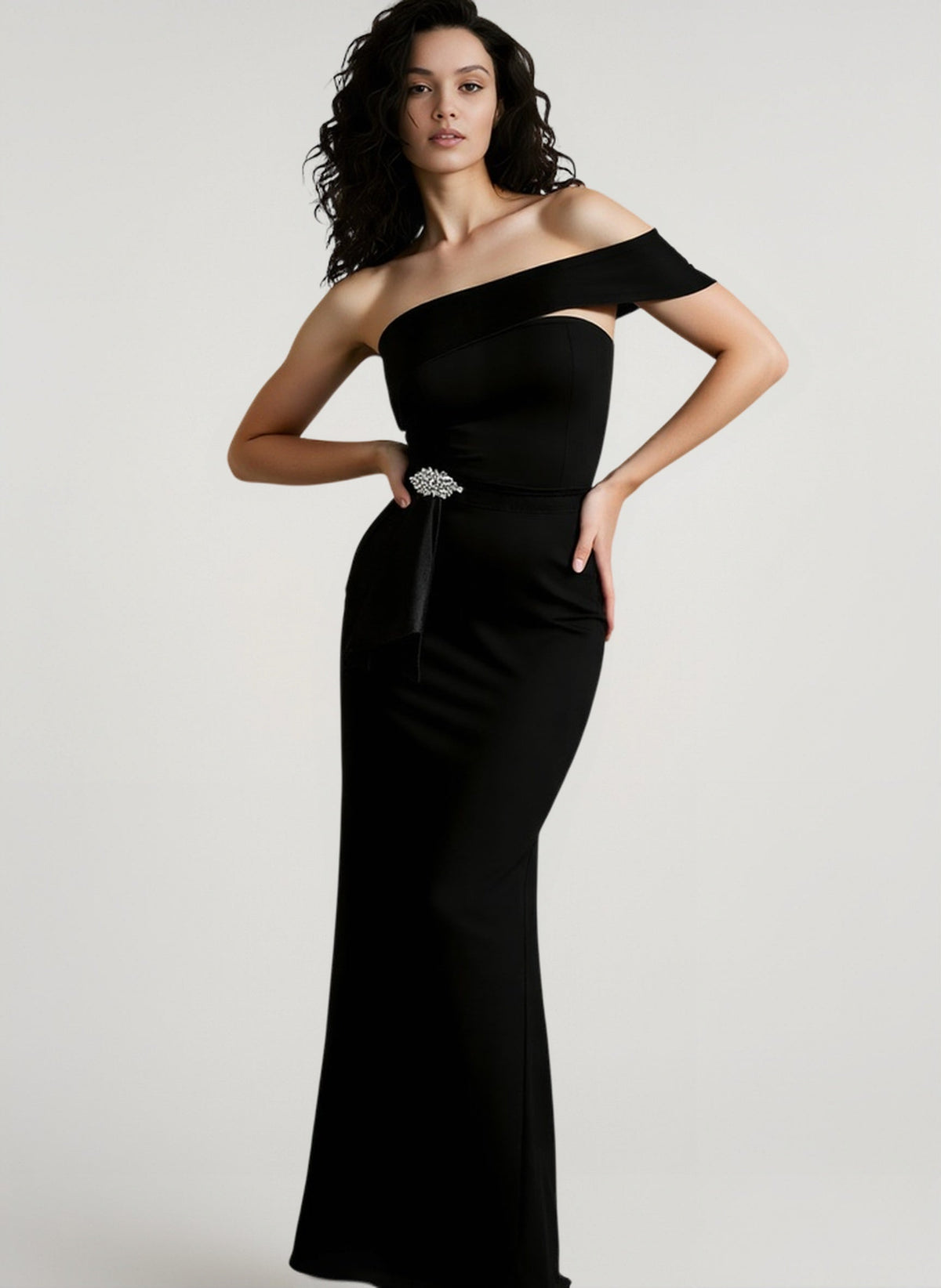 Strapless Fold Over Satin Trim Embellished Waist Peplum Column Gown 5