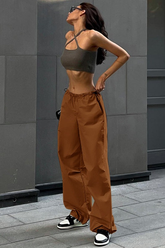 Drawstring Waist Slimmed Simple Loose Cargo Pants