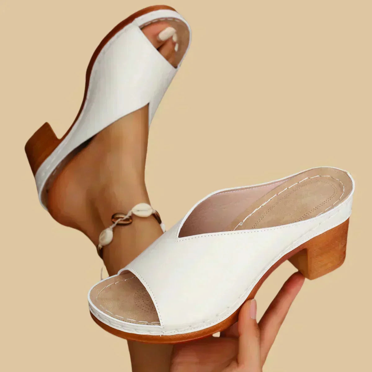 Peep Toe Slip On Block Heel Mule Sandals