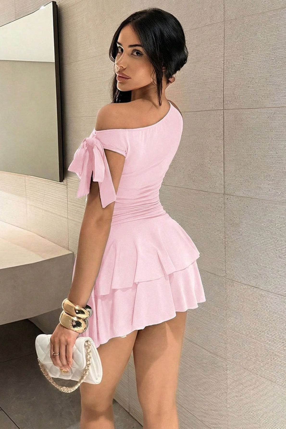 Lace Up Back Ruched Mini Dress