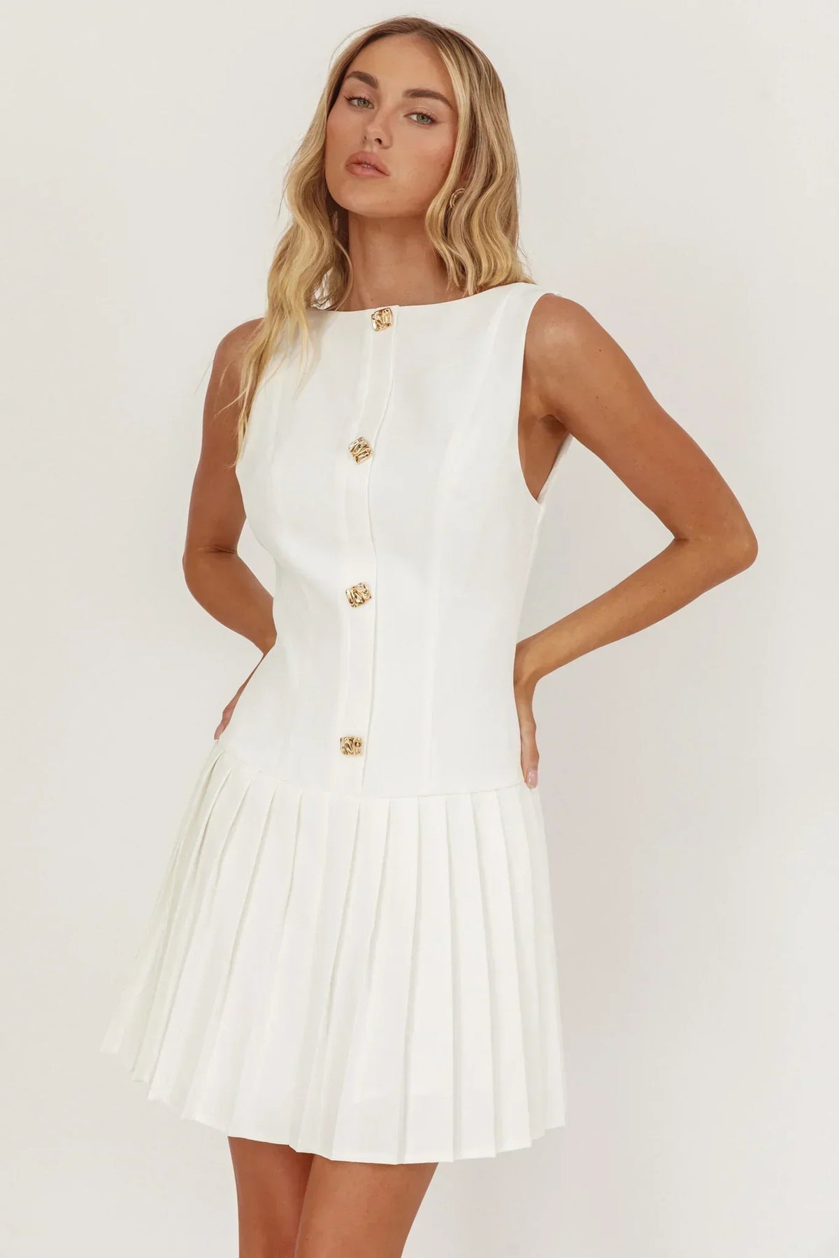 Sleeveless Boat Neck Button Front Drop Waist Pleated Mini Dress