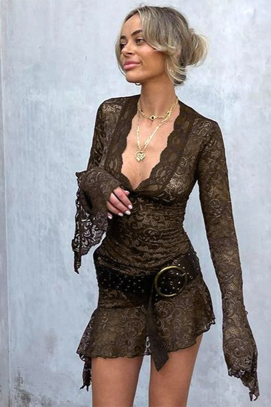 Sheer Floral Lace Deep V-Neck Bell Sleeve Scalloped Hem Bodycon Mini Dress