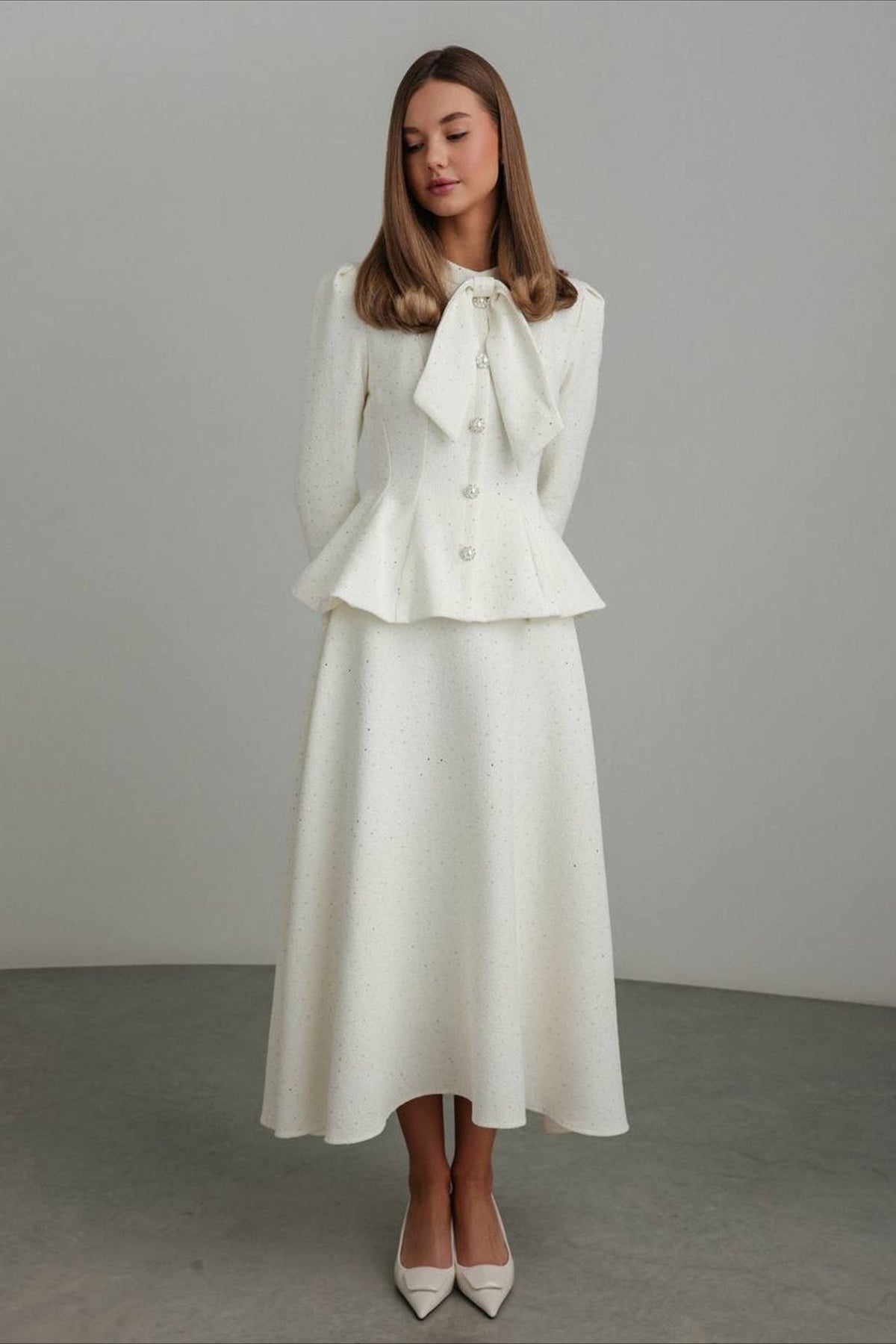 Bow Neck Peplum Tweed Jacket and A-Line Midi Skirt Two Piece Set