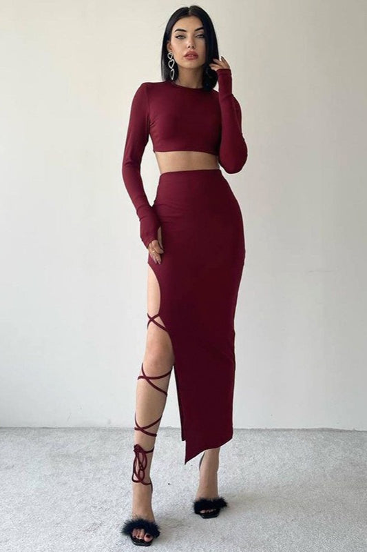 Crew Neck Long Sleeve Crop Top and Lace Up High Split Maxi Skirt Two Piece Set 4