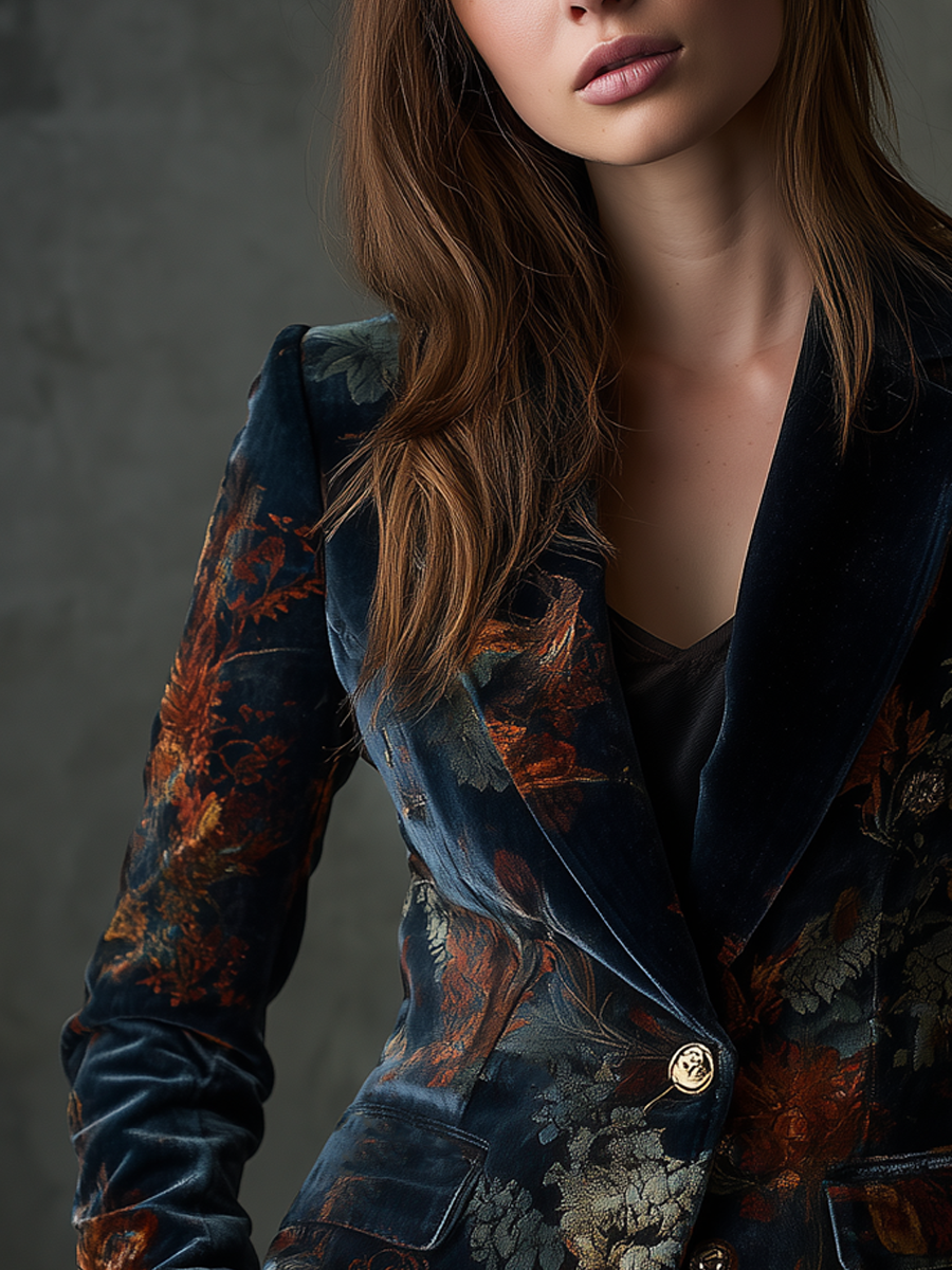 Floral Print Peak Lapel Single Button Velvet Blazer