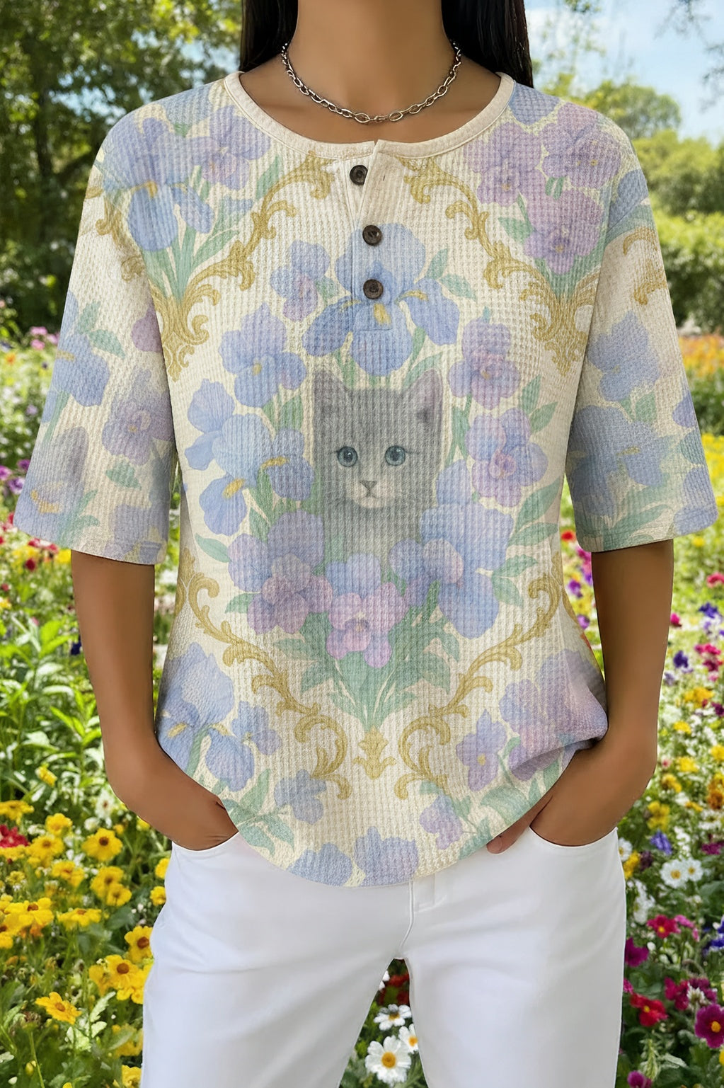 Womens Yellow and Purple Tie-Dye Mandala Cat Print Casual Shirt