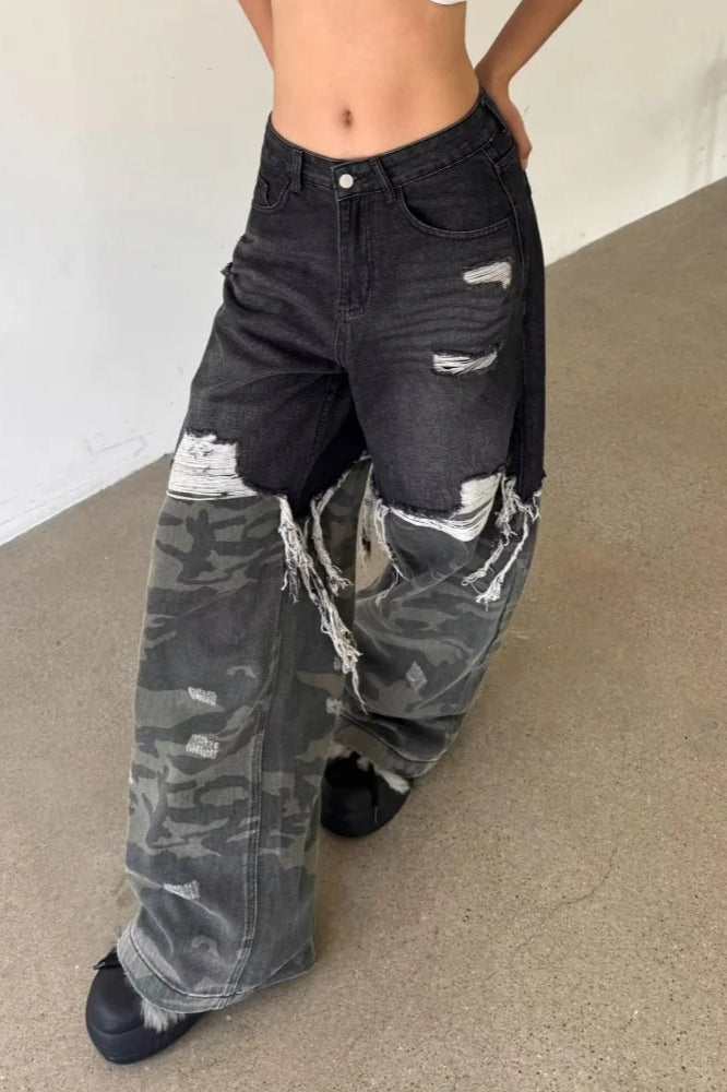 Camouflage Patchwork Baggy Wide-Leg Jeans