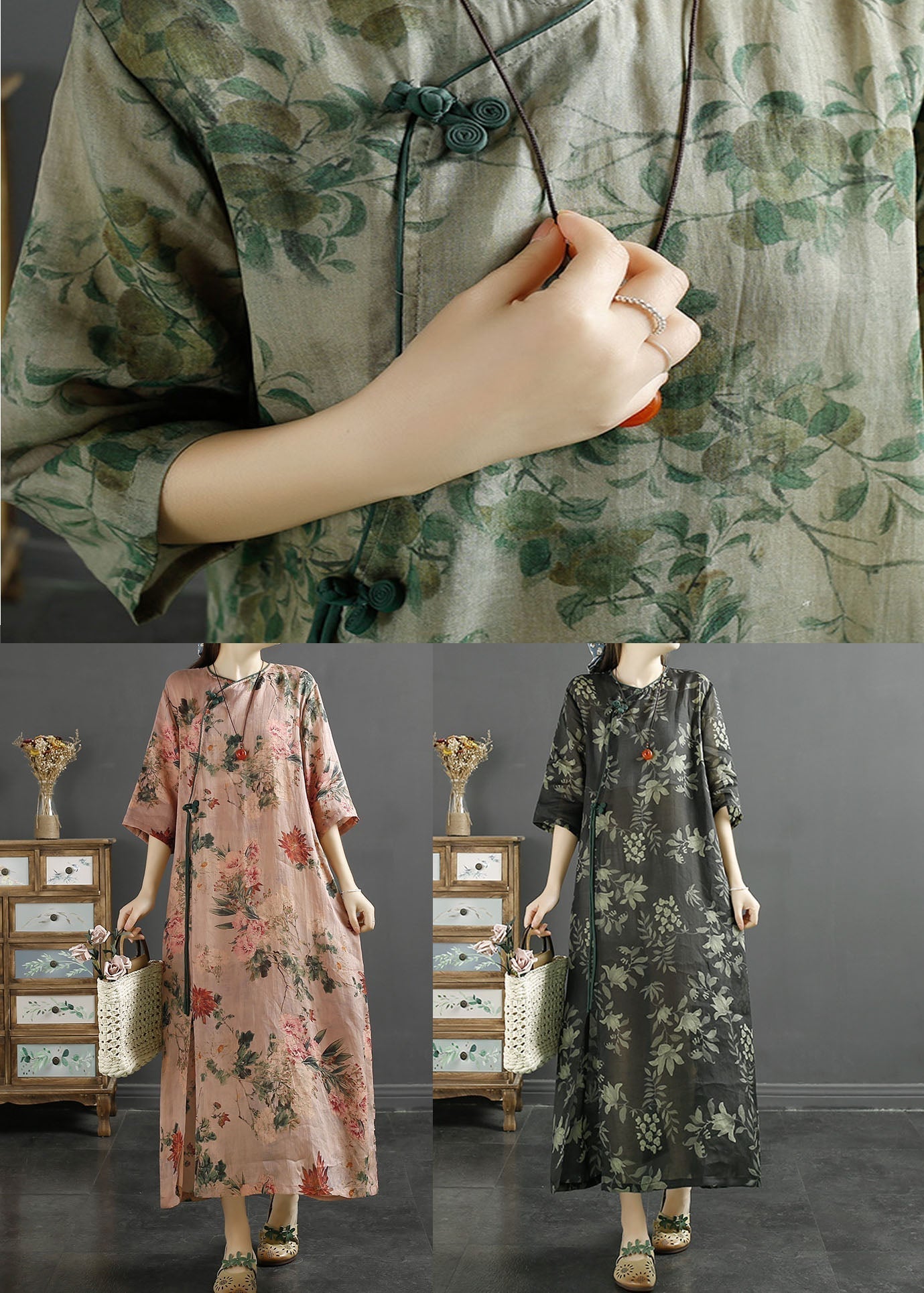 Botanical Print Frog Button Cheongsam Three Quarter Sleeve Maxi Dress