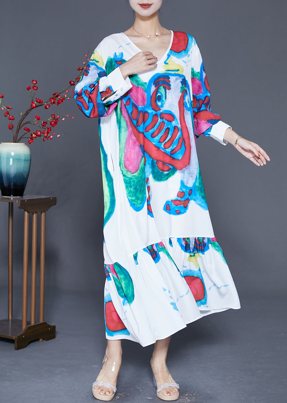 Abstract Print Long Sleeve V-Neck Tiered Ruffle Oversized Maxi Dress