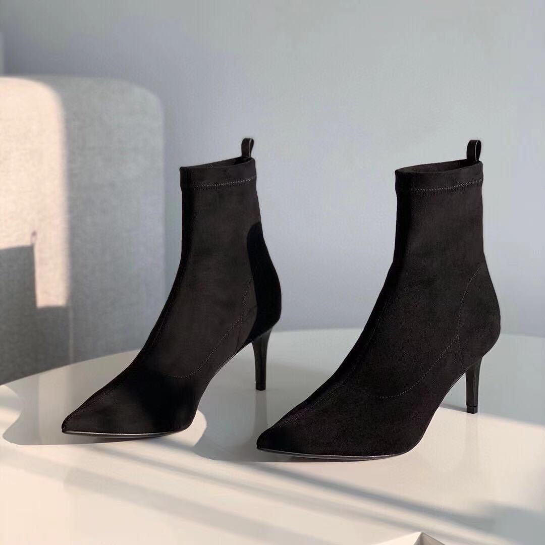 Classic Point Toe Sock Boots High Heel Stretch Boots��Elastic Suede Handmade Black/Brown