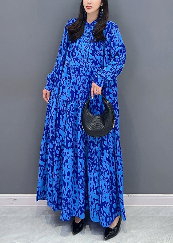 Abstract Print Mandarin Collar Button Front Tiered Long Sleeve Oversized Maxi Dress