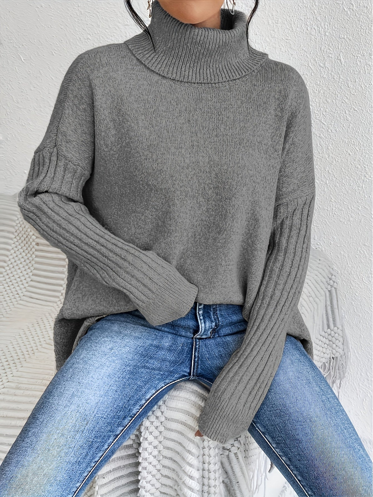 Turtleneck Long Sleeve Oversized High Low Sweater