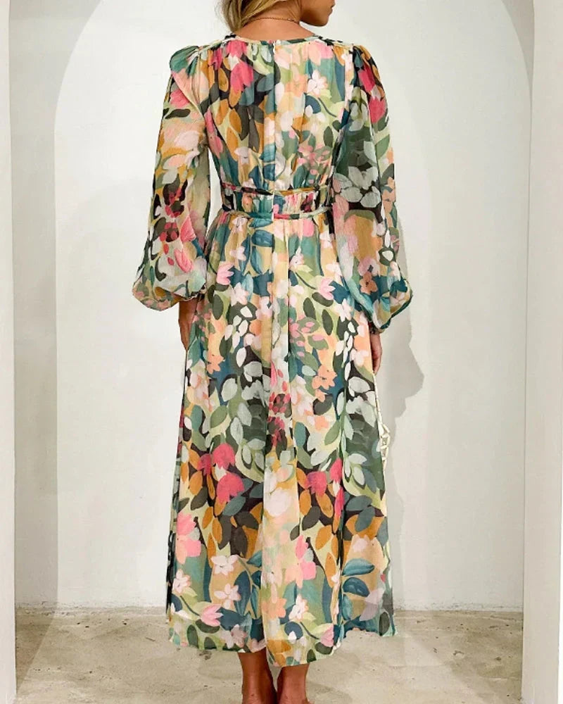 Floral Print V-Neck Long Sleeve Belted Maxi Dress