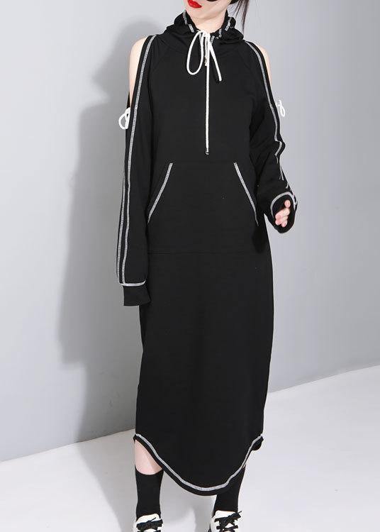 Cold Shoulder Hooded Long Sleeve Kangaroo Pocket Stripe Detail Curved Hem Maxi Dress