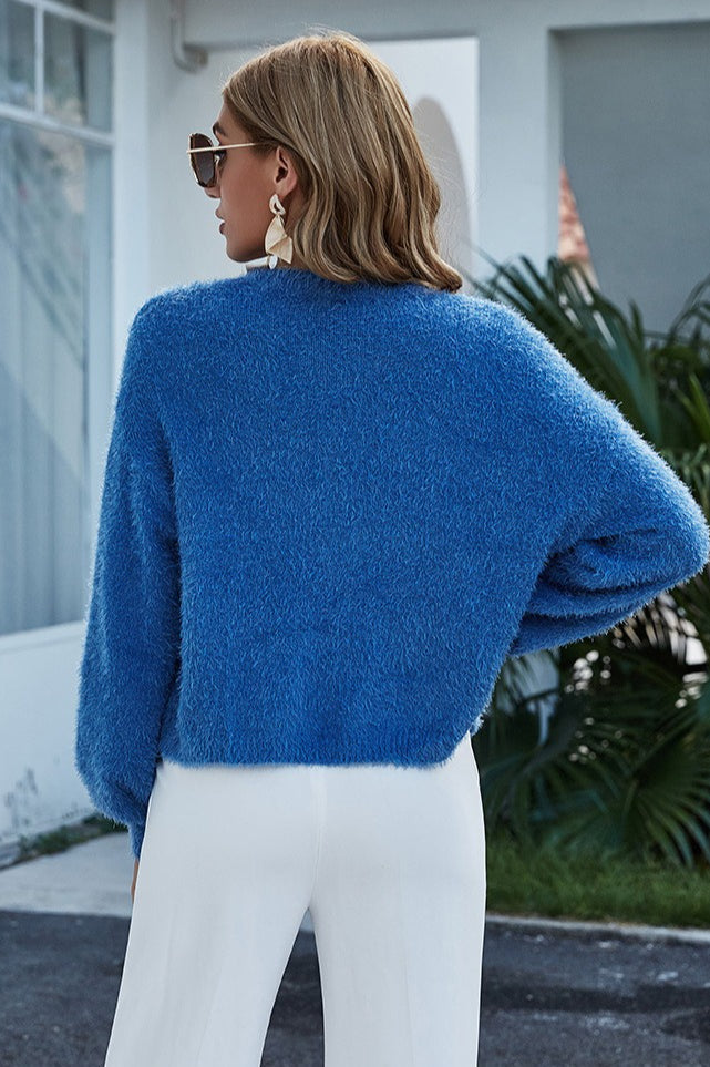 Crew Neck Fuzzy Knit Faux Pearl Button Cropped Cardigan 4