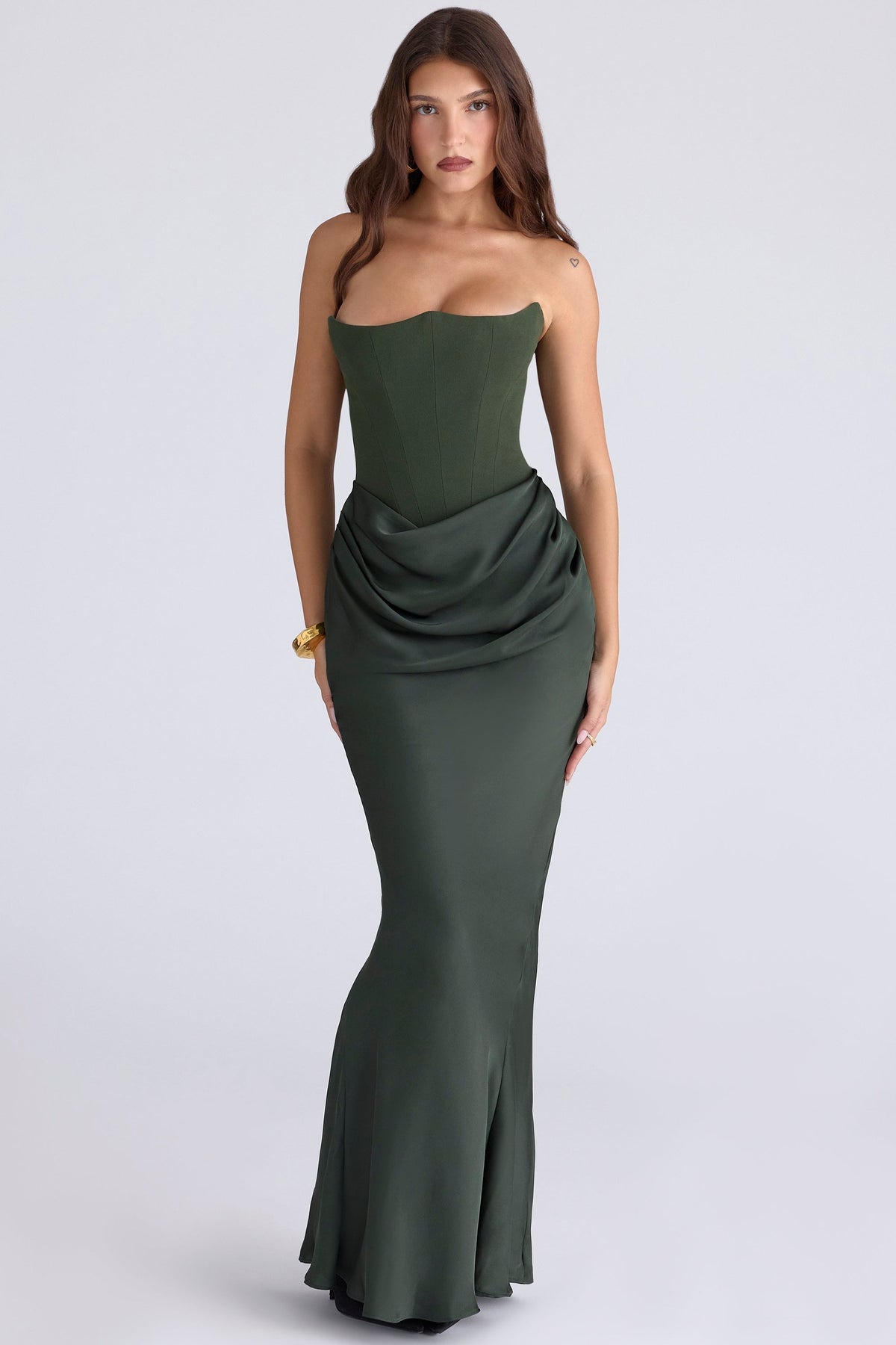 emerald green crepe strapless corset maxi dress