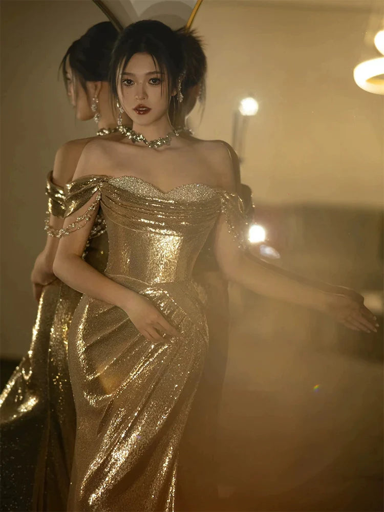 Mermaid Gold Long Prom Dress Sexy Off Shoulder Evening Dresses   fg7664