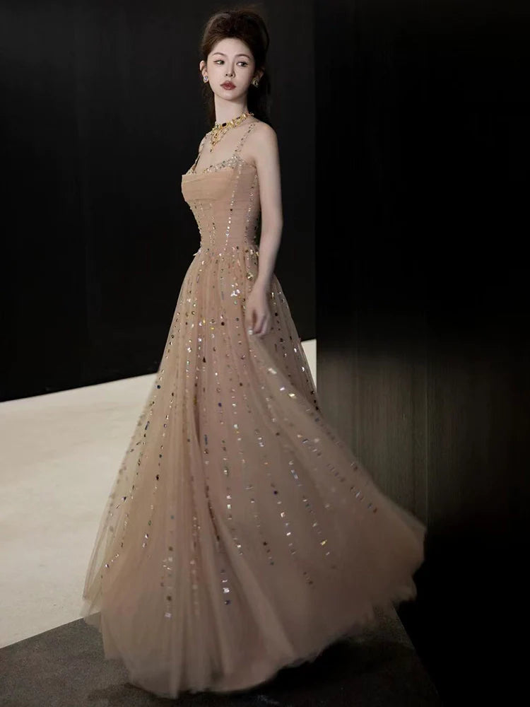 A Line Champagne Long Prom Dress Sexy Evening Dresses   fg7663