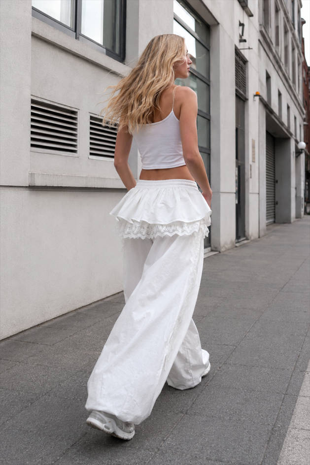 Lace Skirt Hem Trim Wide Leg Casual Pants