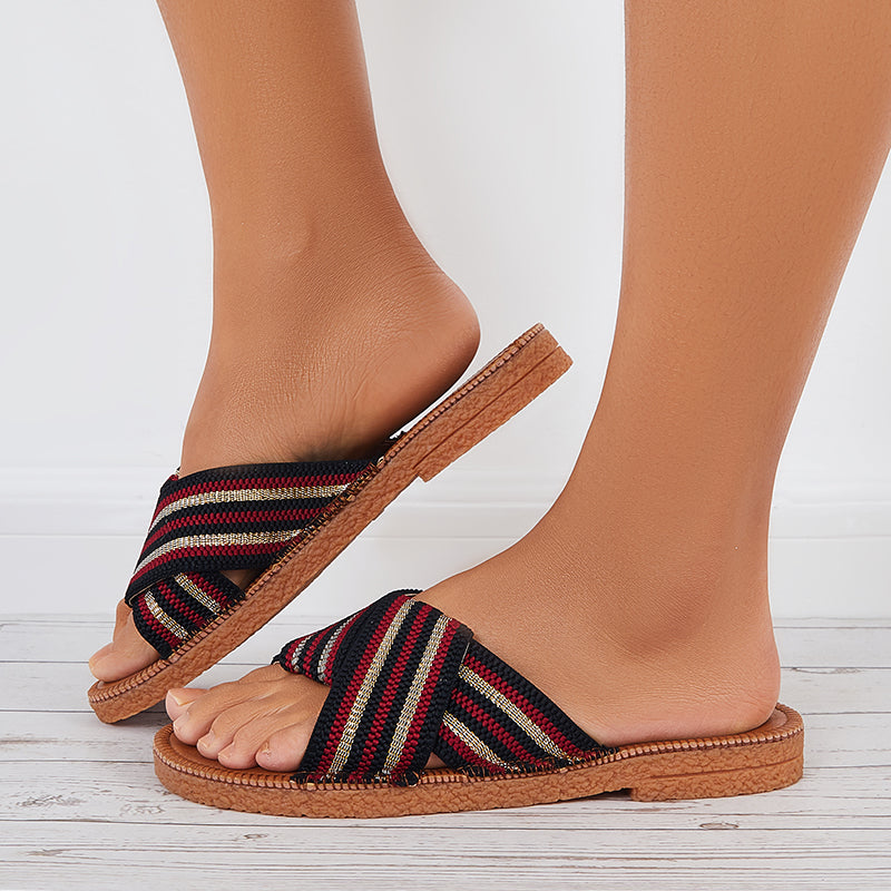 Open Toe Criss Cross Slide Sandals Slip on Summer Flat Slippers