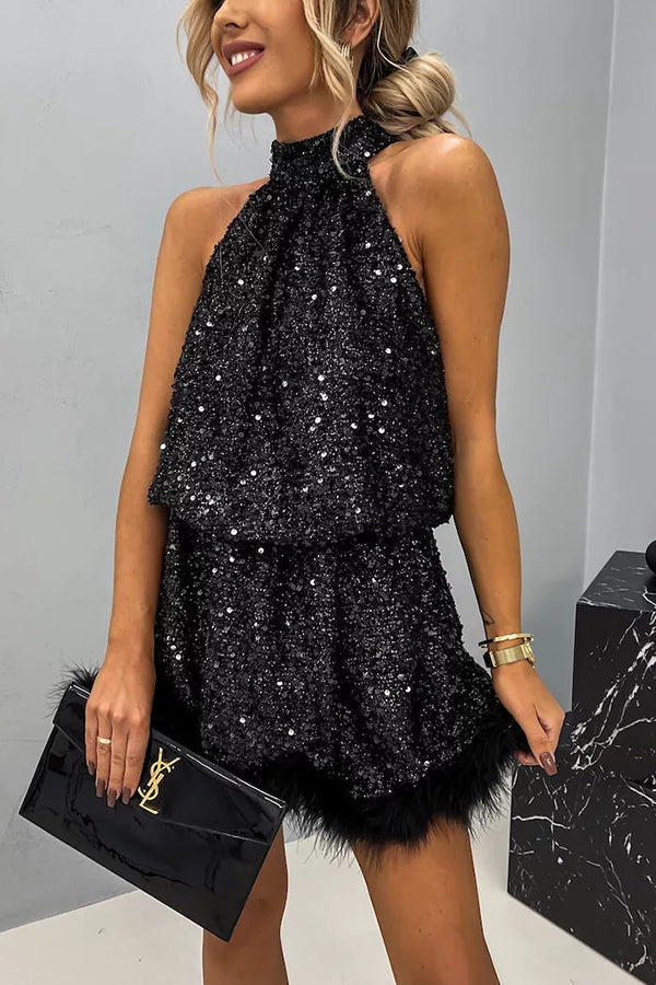 Sequin Halter Neck Feather Trim Babydoll Mini Dress