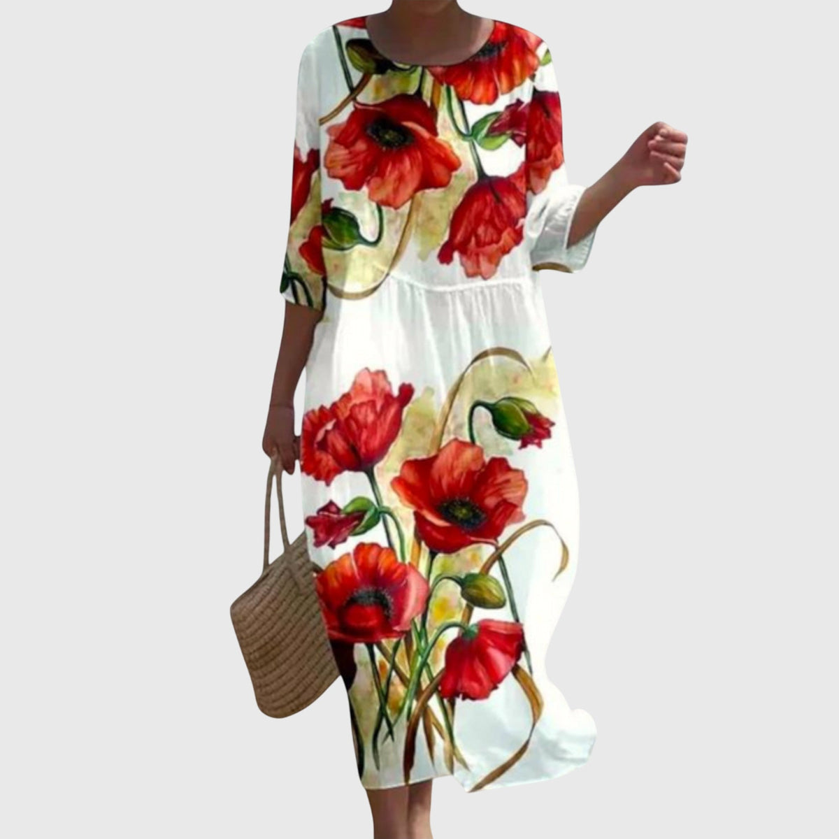 Rose Floral Round Neck Half Sleeve Maxi Dress