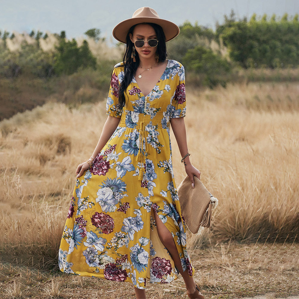 V-Neck Button Front Smocked Drawstring Waist Short Sleeve High Split Maxi Dress